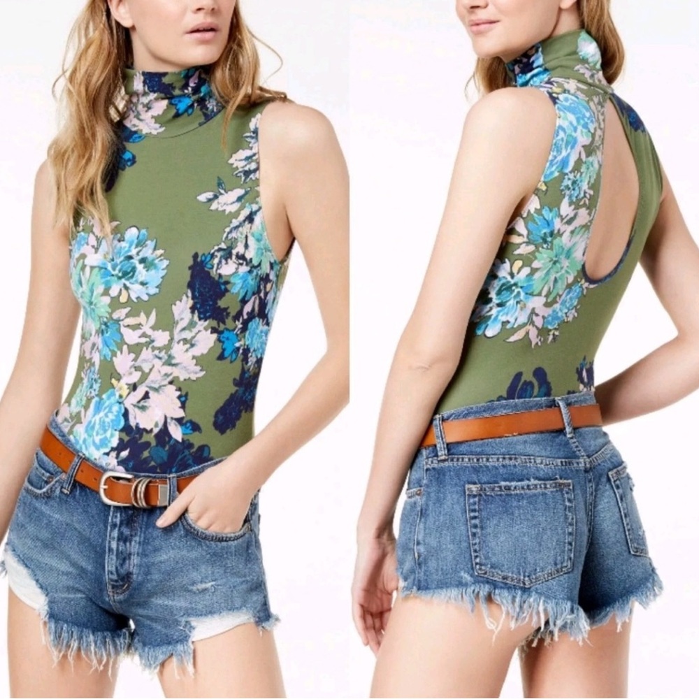 Free People Pixie Bodysuit Army Green Floral Mock Neck Size XS Y2K
